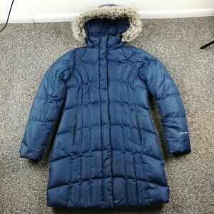 Eddie Bauer Jacket Lodge Parka Womens Medium 650 Down Puffer Faux Fur Hood Blue